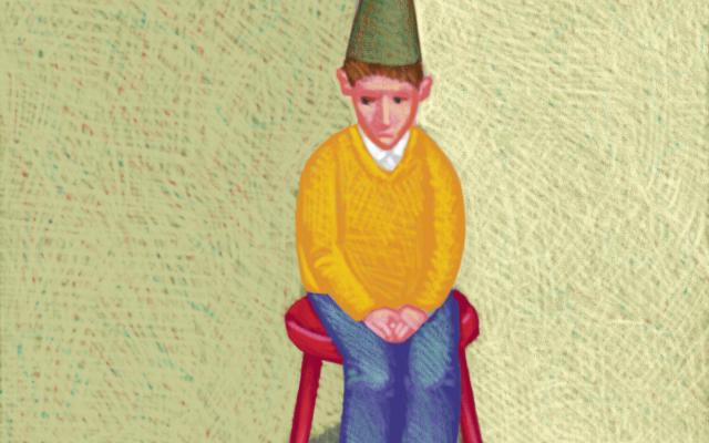 Illustratie van een kind, zitten op een kruk in een hoek van een kamer. Hij draagt een puntmuts.