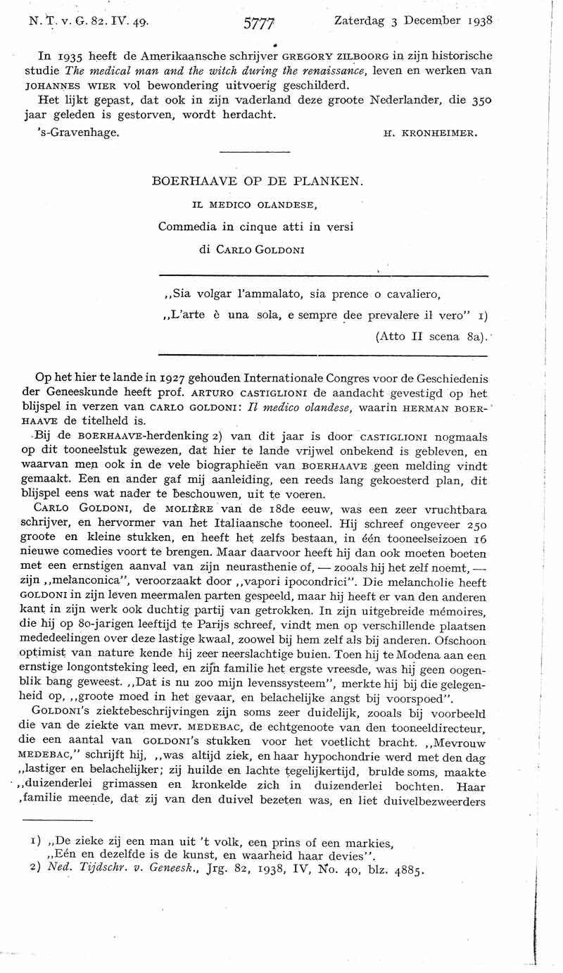 Boerhaave Op De Planken Il Medico Olandese Commedia In Cinque Atti In Versi Di Carlo Goldoni Nederlands Tijdschrift Voor Geneeskunde