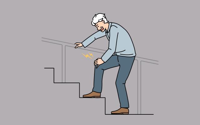 Illustratie van een oude man die met moeite een trap oploopt