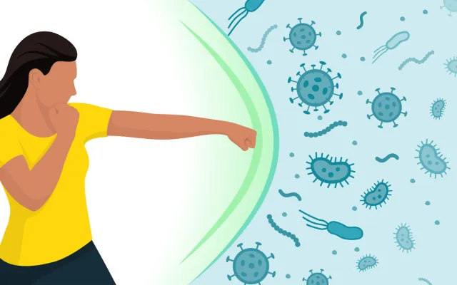Beeld: elenabs/iStock.com Illustratie van iemand die bokst tegen infectieziekten