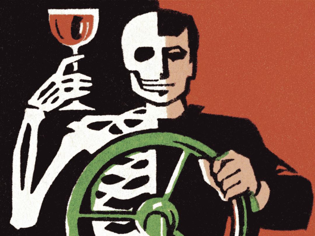 Illustratie van deels man deels skelet achter het stuur met wijnglas in de hand