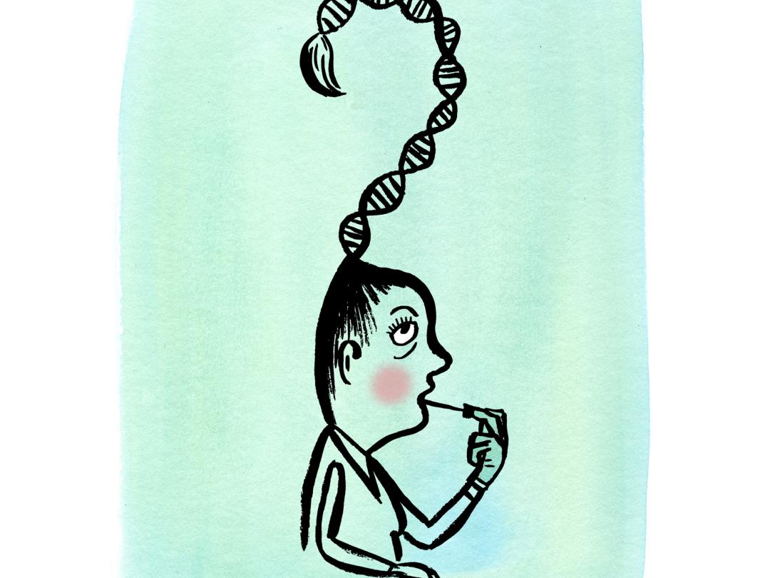 Tekening vrouw met haar als DNA-string