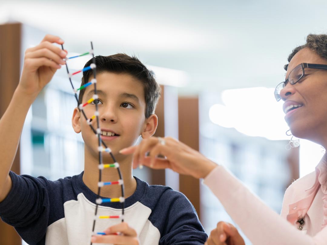 Jongen kijkt met vrouw naar DNA-helix model.