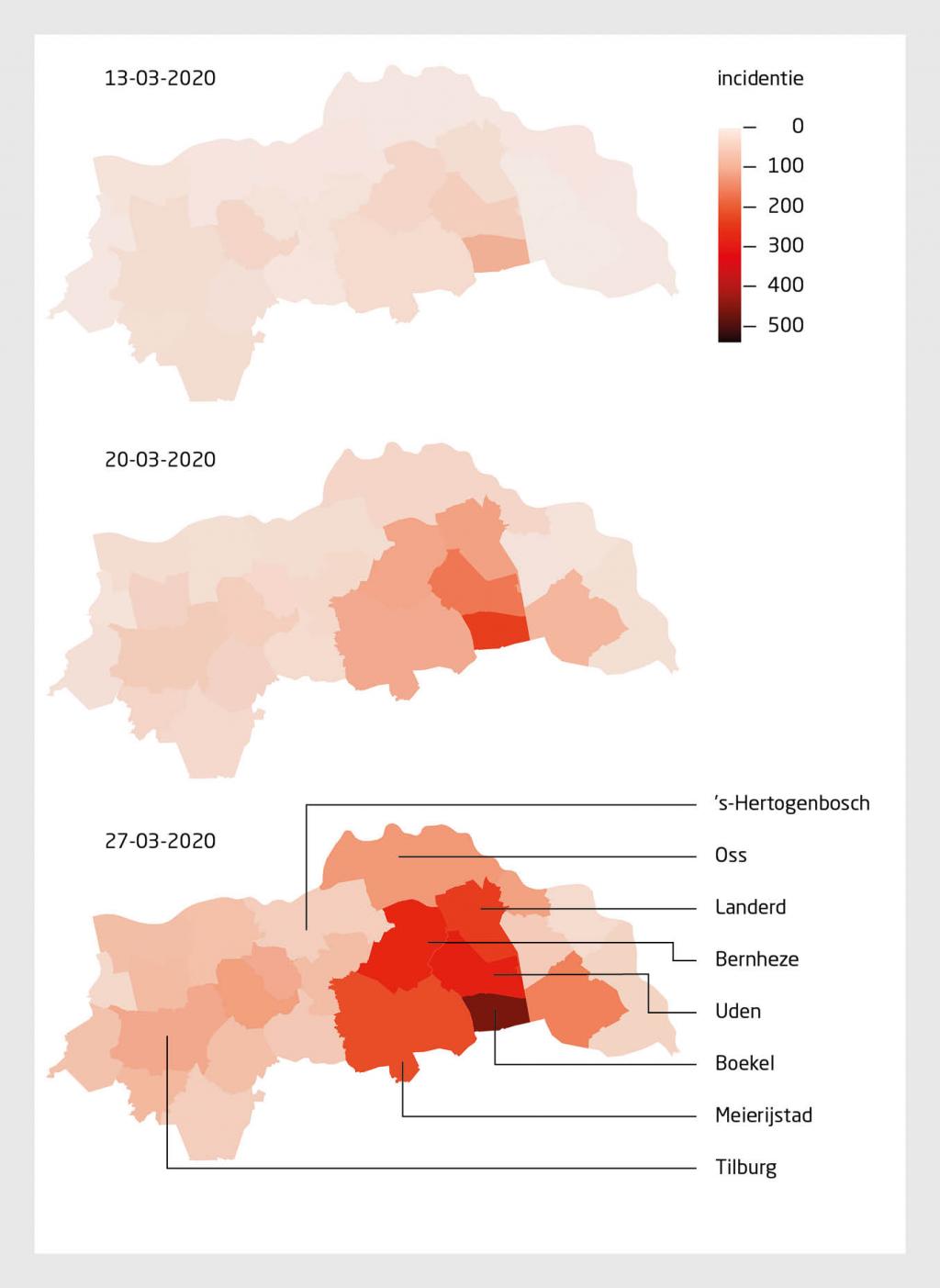Figuur 1 | Geografische verspreiding covid-19 in GGD-regio Hart voor Brabant | De incidentie is uitgedrukt in aantallen per 100.000 inwoners