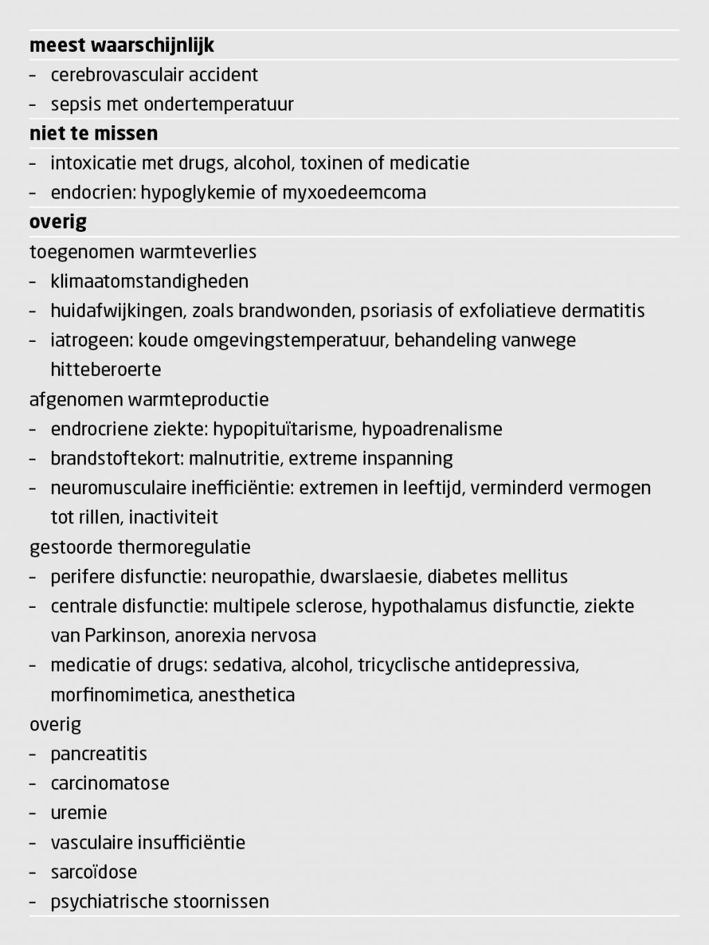 Tabel 2 | Differentiaaldiagnose van hypothermie op de SEH